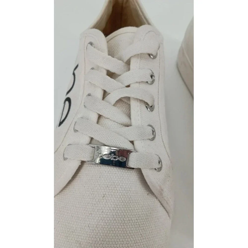 Y2K White Canvas Platform Sneakers Black Logo Bebe Sport Size 10